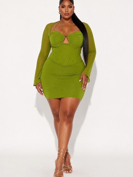 Fashion Nova Dresses & Skirts - Fashion Nova Olive Green Ruched Bust Long Sleeve Mini Dress Size 1X.